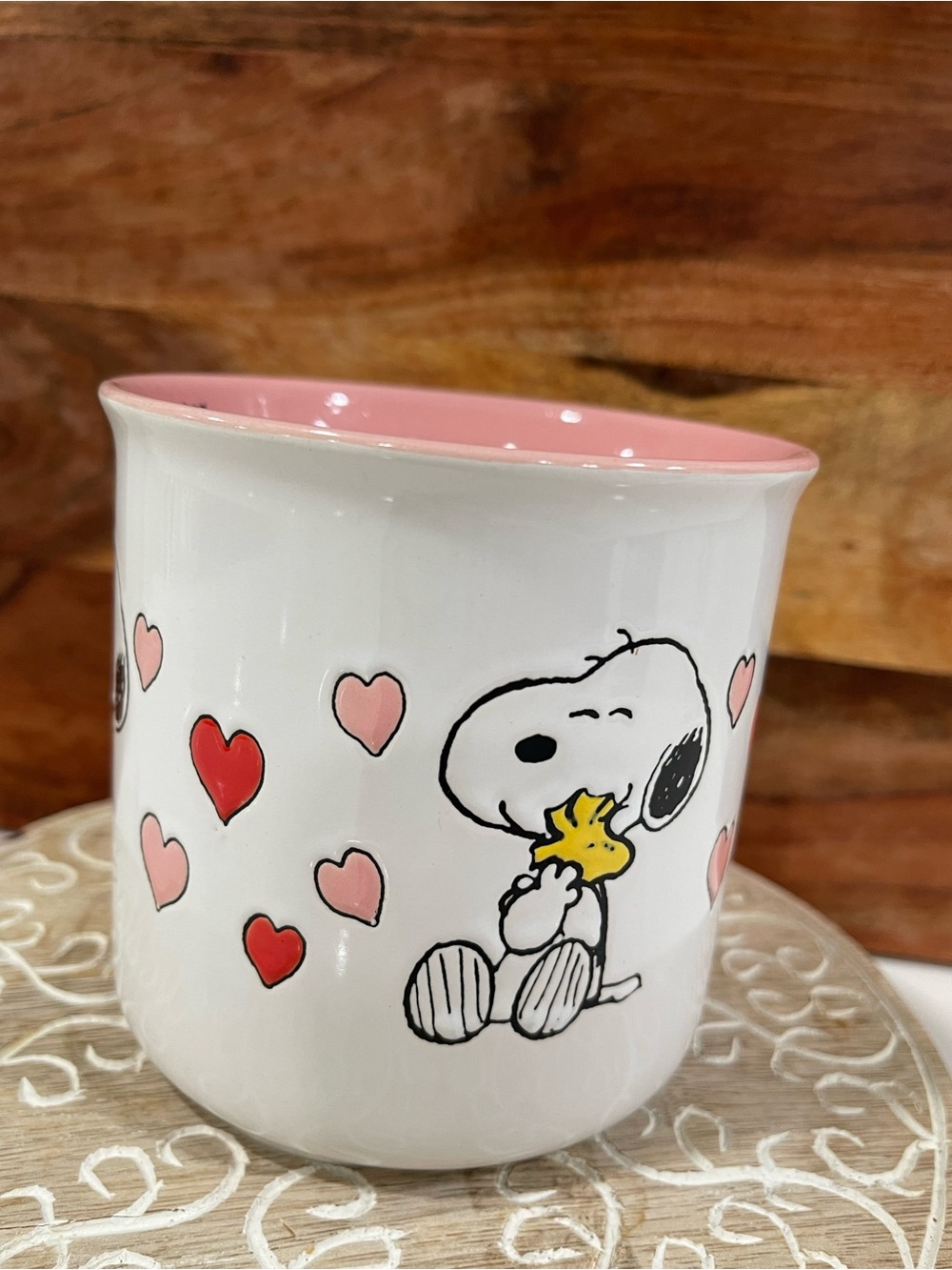 Peanuts Ceramic Mug with Pink Interior and Red & Pink Heart Design